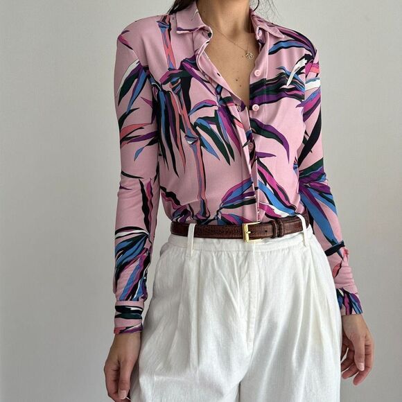 Emilio Pucci Blouse Womens 2 Pink Abstract Printed Long Sleeve Button Down Top - Picture 3 of 15